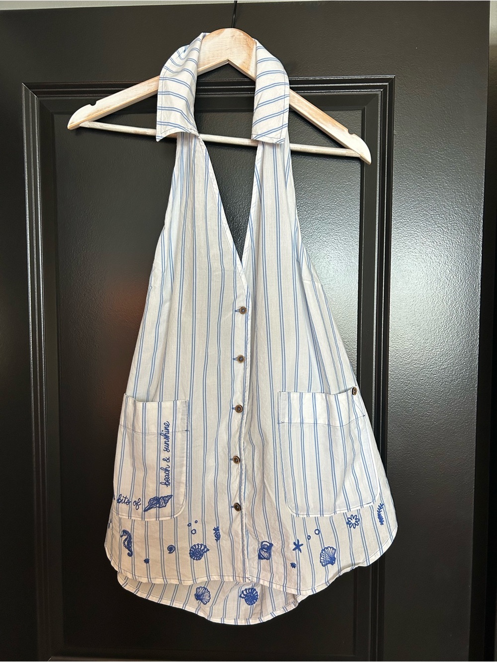 Anthropologie Striped Halter Tunic with Blue Embroidered Sea Motifs size L
